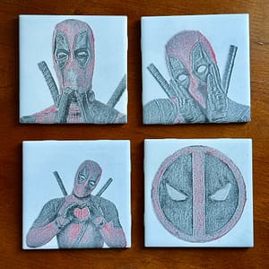 Deadpool Coaster Set – Funny Marvel Superhero Gifts, Handmade Ceramic Drink Coasters for Comic Fans