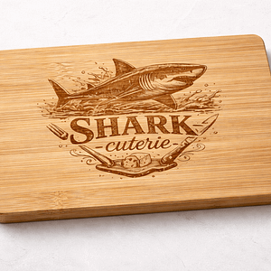 Shark-Cuterie Engraved Bamboo Charcuterie Board – 6x9 Coastal Serving Board – Funny Beach House Cheese & Wine Gift