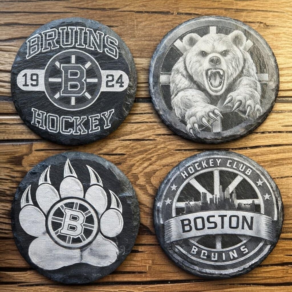 Boston Bruins Fan Gift | Laser Engraved Slate Coaster Set (4)