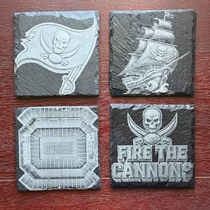Tampa Bay Buccaneers Slate Coaster Set | Laser Engraved NFL Pirate Ship, Stadium & Flag | “Fire The Cannons” Buccaneers Gift for Fans |